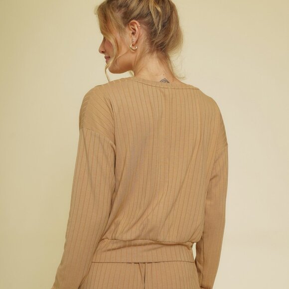 MYSTREE Camel Ribbed Knit Top, Long Sleeve Top Minimalist - Picture 5 of 7